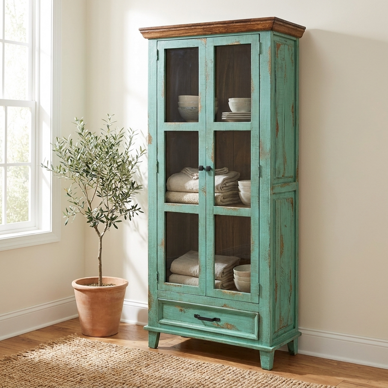 Socorro Tall Hutch with Glass Doors Rustic Cabinet