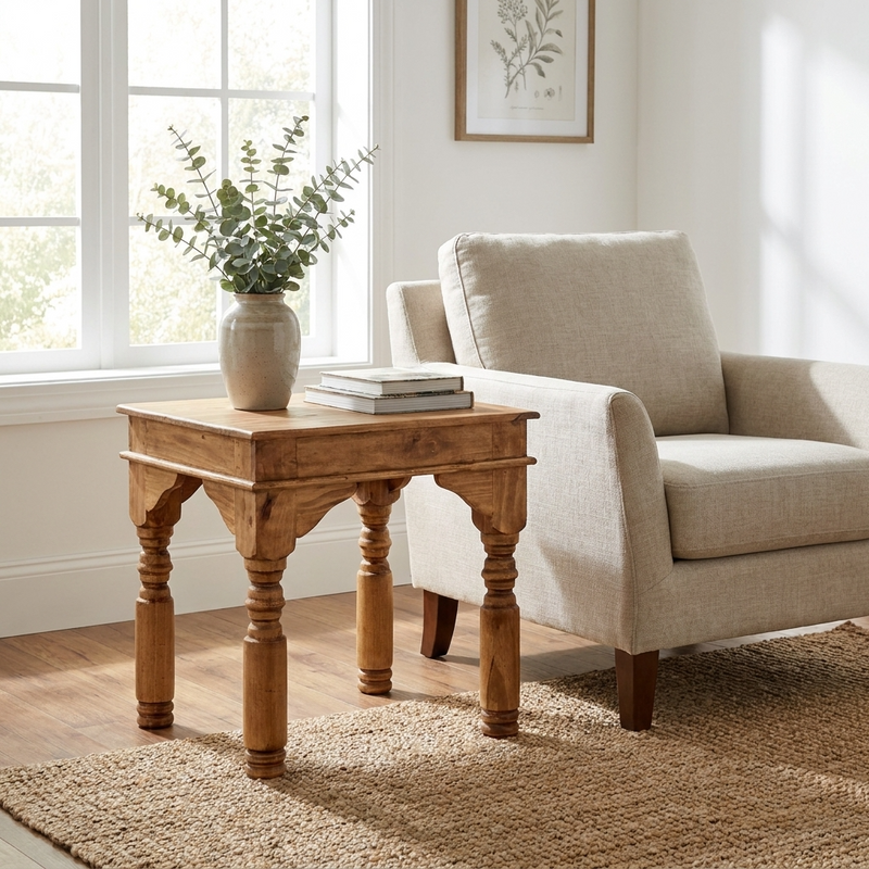 Wooden side table with books and a plant next to a beige armchair in a bright living room.