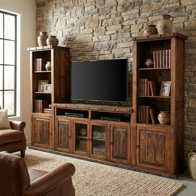 Wooden entertainment center with TV against a stone wall in a living room.