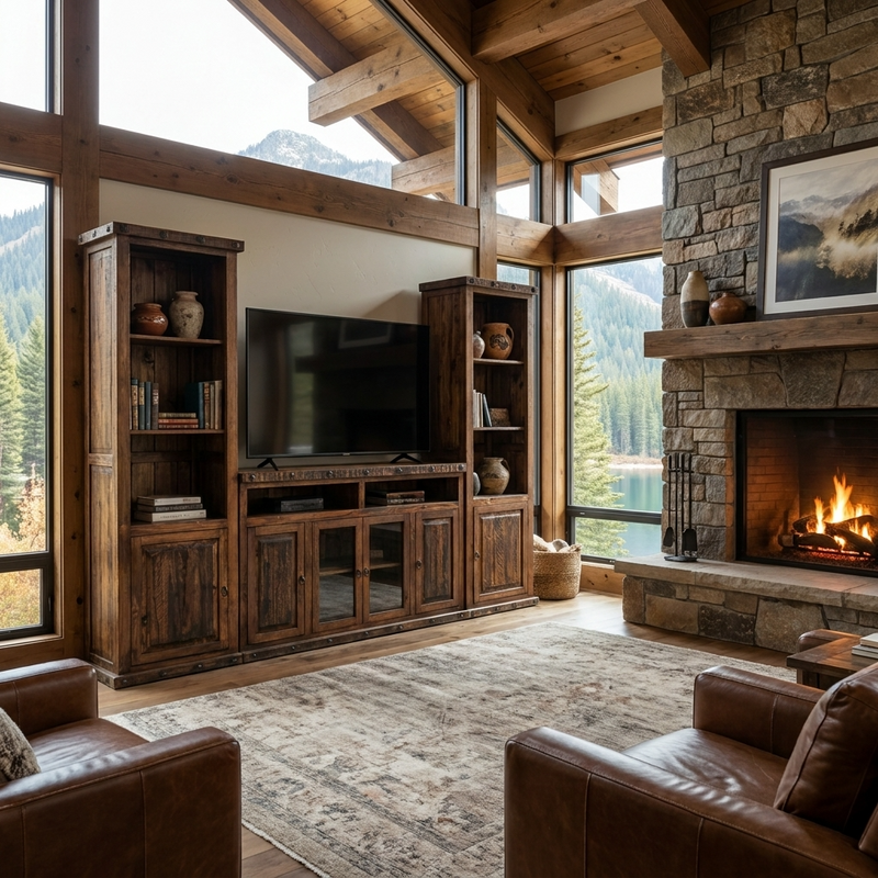 Solid Pine Wood Entertainment center with a 60" TV stand in the center and one extension tall cabinet with shelves and a door on the bottom on each side. Placed in a cozy Livingroom in a Cabin