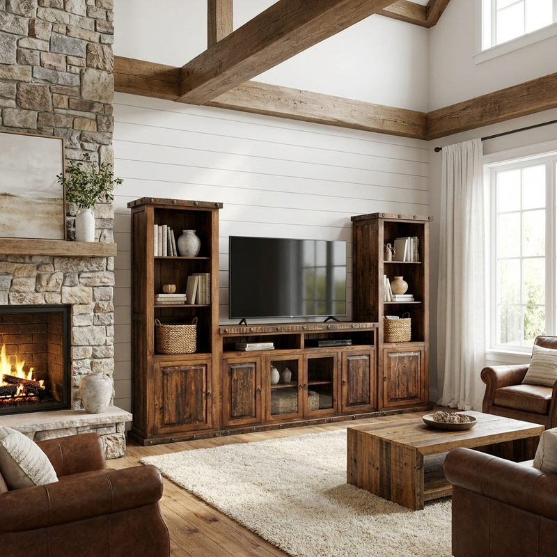 Living room with wooden furniture, fireplace, and TV.