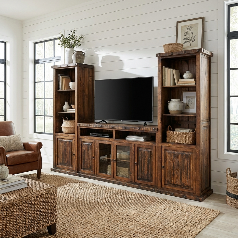 Solid Pine Wood Entertainment center with a 60" TV stand in the center and one extension tall cabinet with shelves and a door on the bottom on each side. Placed in a cozy Livingroom in a Farmhouse.