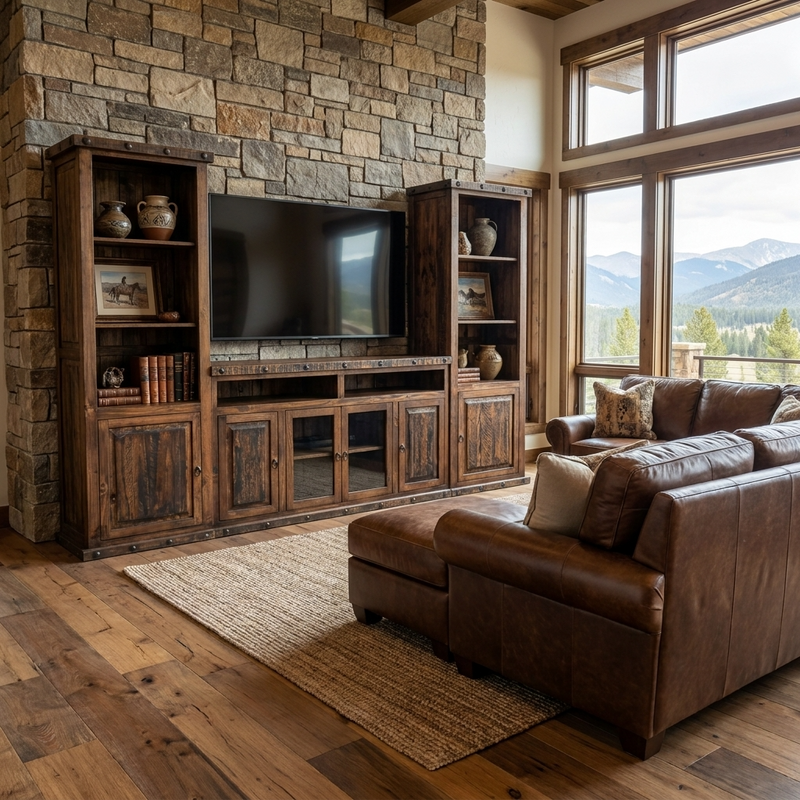 Solid Pine Wood Entertainment center with a 60" TV stand in the center and one extension tall cabinet with shelves and a door on the bottom on each side. Placed in a cozy Livingroom in a Western home
