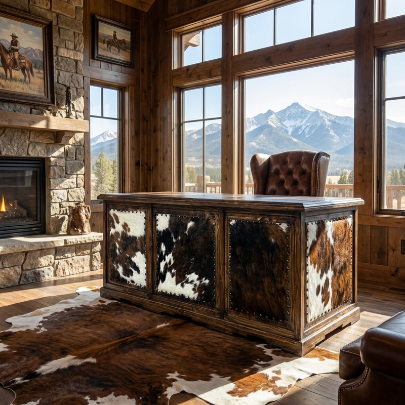 Taos Executive Western Desk with Cowhide in Dark Wax