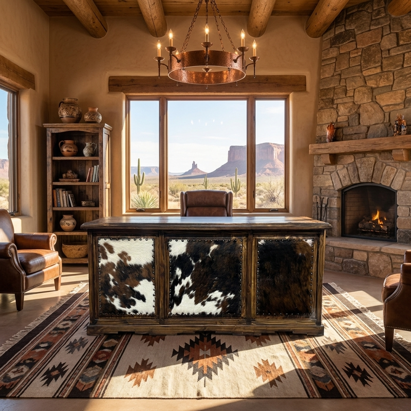 Taos Executive Western Desk with Cowhide in Dark Wax