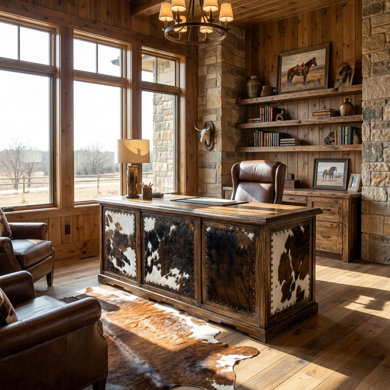 Taos Executive Western Desk with Cowhide in Dark Wax