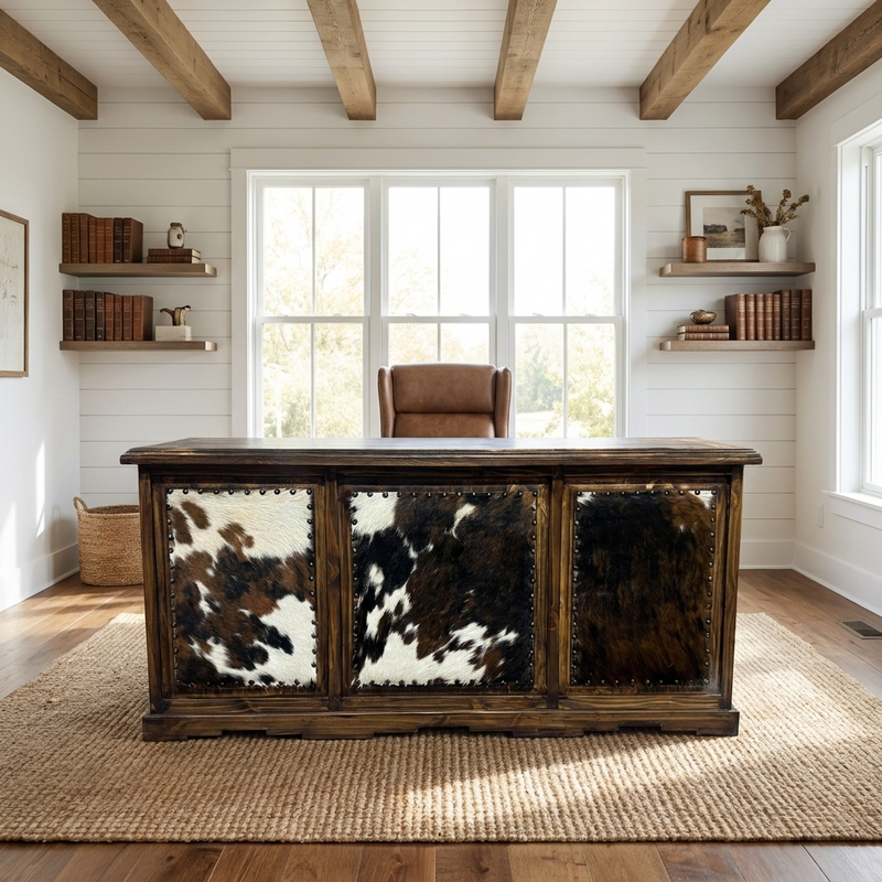 Taos Executive Western Desk with Cowhide in Dark Wax