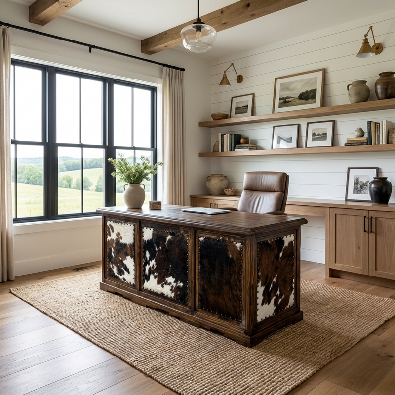 Taos Executive Western Desk with Cowhide in Dark Wax