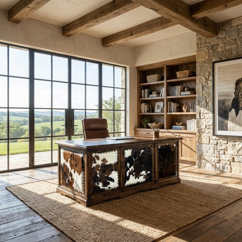 Taos Executive Western Desk with Cowhide in Dark Wax