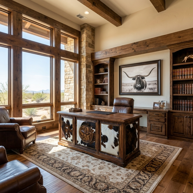 Taos Executive Western Desk with Cowhide and Carved Star in Dark Wax