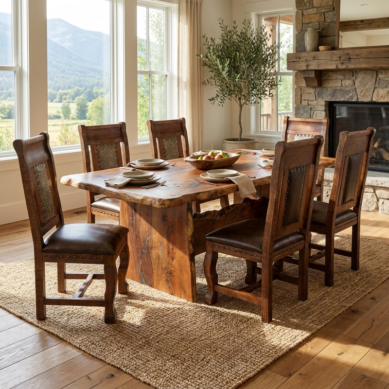 Mesquite 7' Dining Table & 6 Gran Hacienda Chair with Tooled Leather