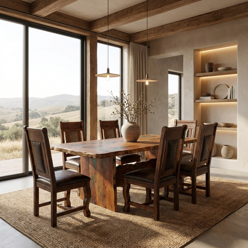 Mesquite 7' Dining Table & 6 Gran Hacienda Chair with Tooled Leather