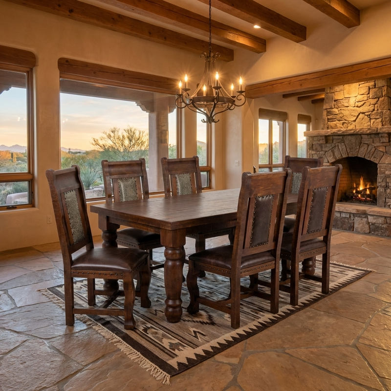 Oasis 6' Dining Table set with 6 Gran Hacienda Tooled Leather Chairs in Chestnut finish