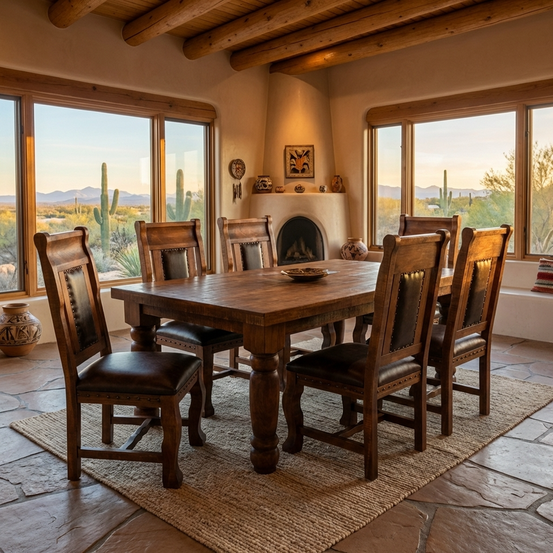 Oasis 6' Dining Table set with 6 Gran Hacienda Chairs in Chestnut finish