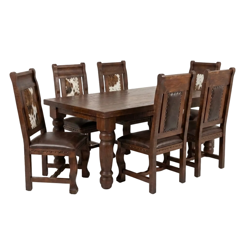 Oasis 6' Dining Table set with 6 Gran Hacienda Cohwide Leather Chairs in Chestnut finish