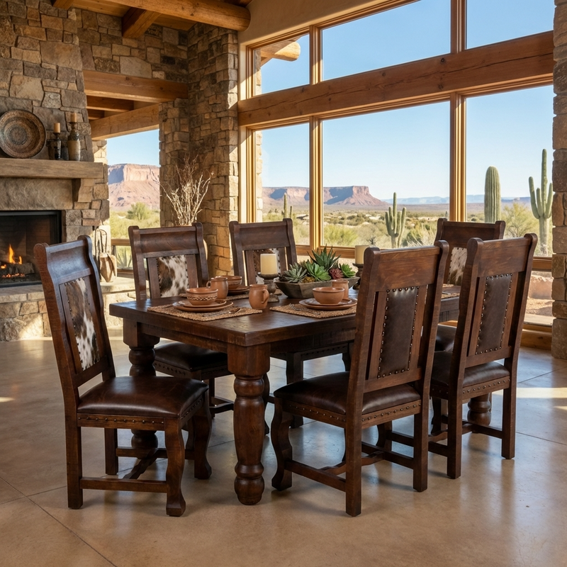 Oasis 6' Dining Table set with 6 Gran Hacienda Cohwide Leather Chairs in Chestnut finish