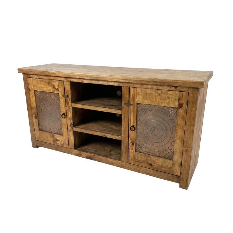 Rustic Pine Solid Wood TV stand with decorative tin panels
