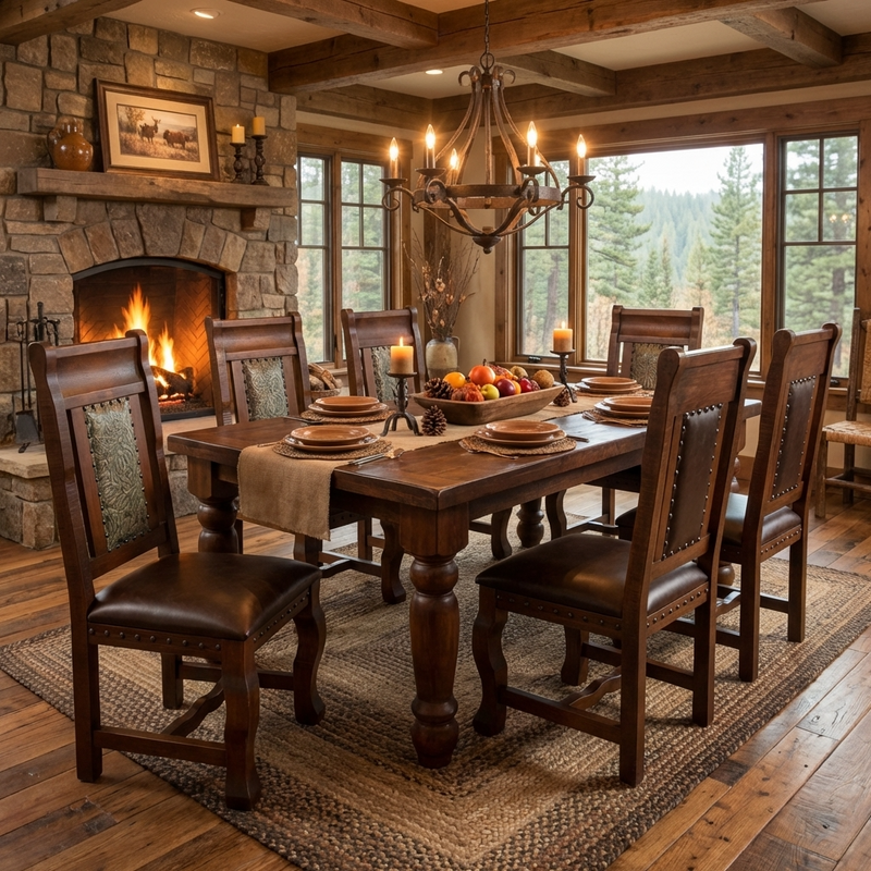 Oasis 6' Dining Table set with 6 Gran Hacienda Tooled Leather Chairs in Chestnut finish