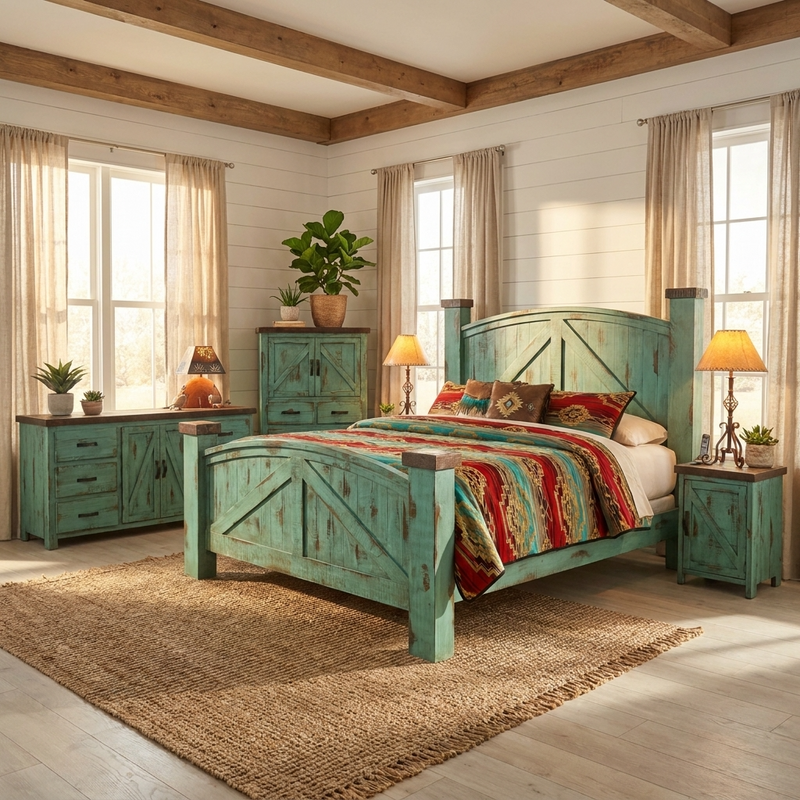 Rustic Barn Bedroom Set in Oldie Turquoise 5Pcs