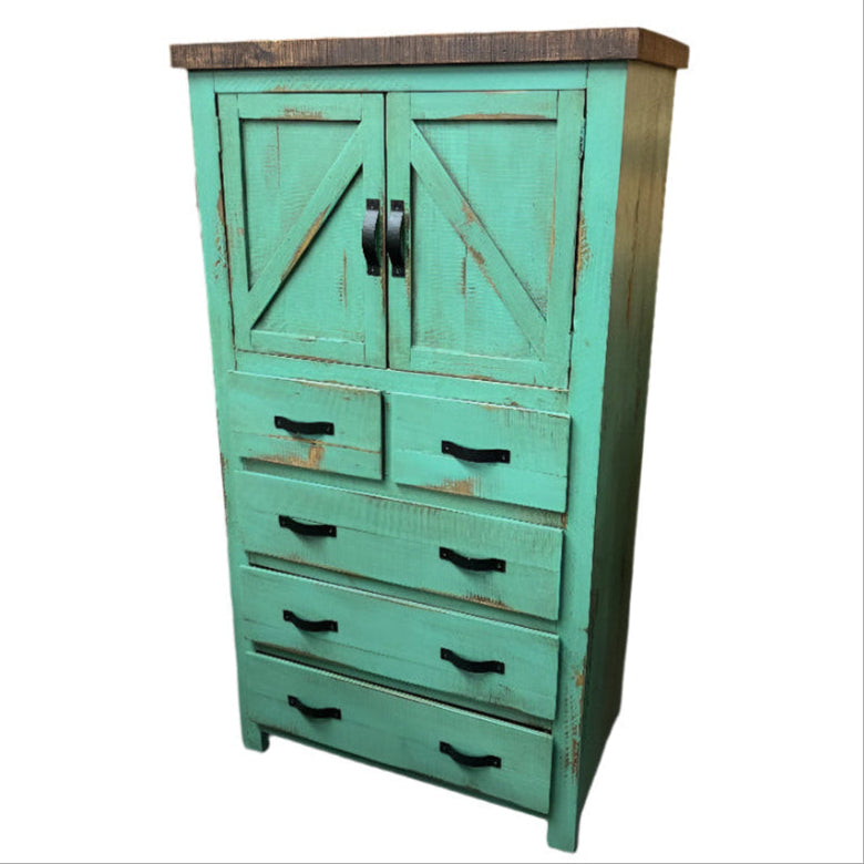Teal wooden cabinet with two doors and four drawers on a white background
