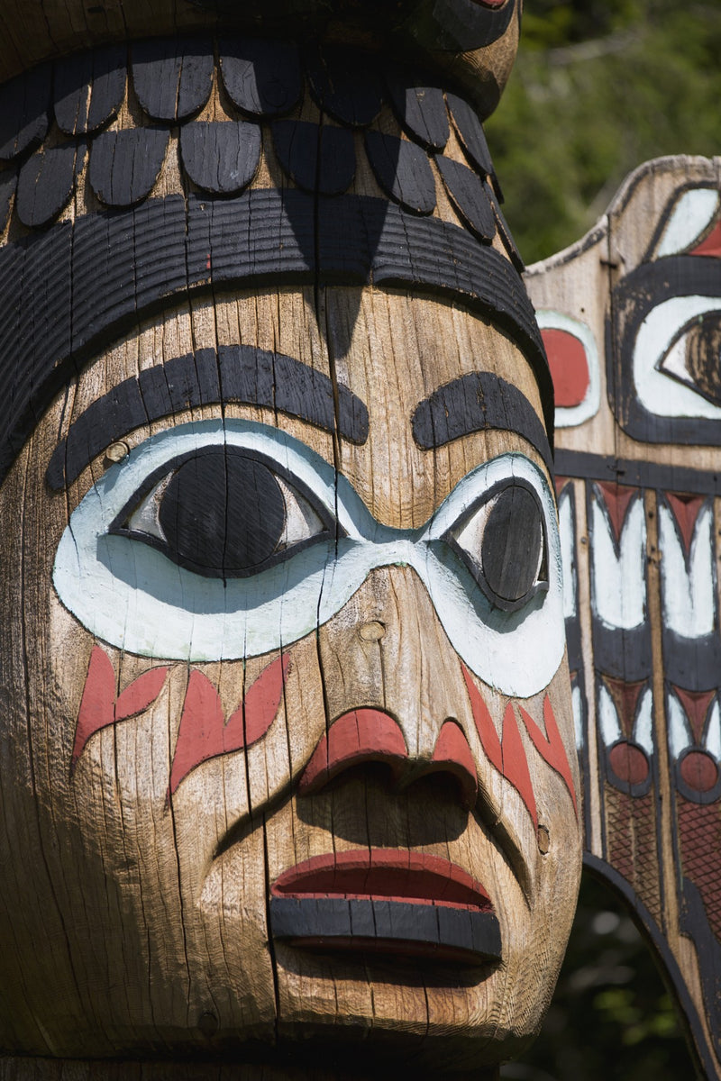 Detail of a figure carved into a Totem Pole, Totem Bight State Historical Park, Ketchikan, Southeast Alaska, USA, Spring
