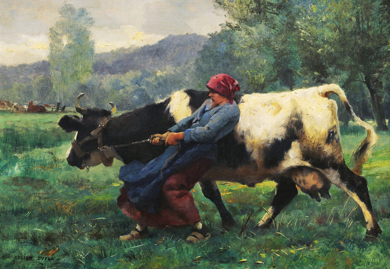 Vintage Painting Farm Girl And The Cow