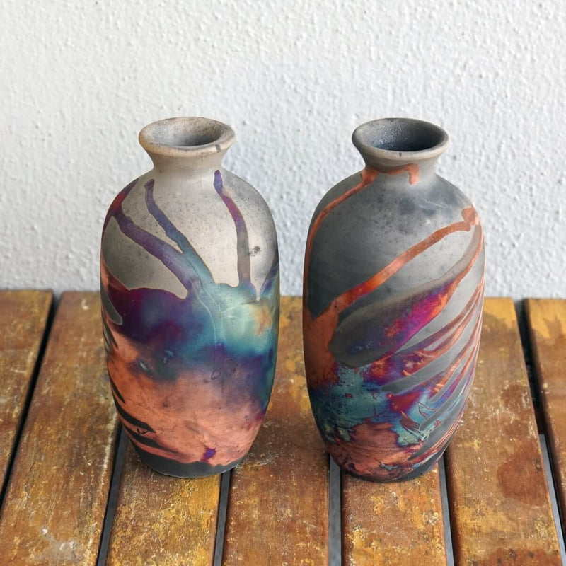 2 Pack Koban Ceramic Raku Vase with Water Tube - RAAQUU Basics handmade pottery home decor by RAAQUU