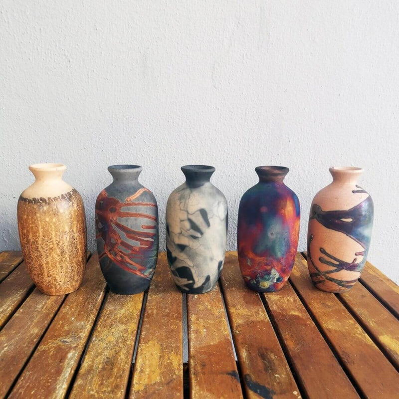 2 Pack Koban Ceramic Raku Vase with Water Tube - RAAQUU Basics handmade pottery home decor by RAAQUU