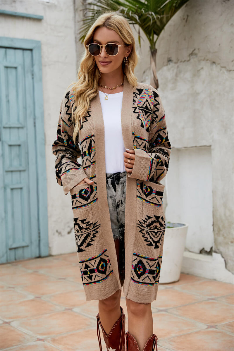 Geometric Open Front Longline Cardigan with Pockets