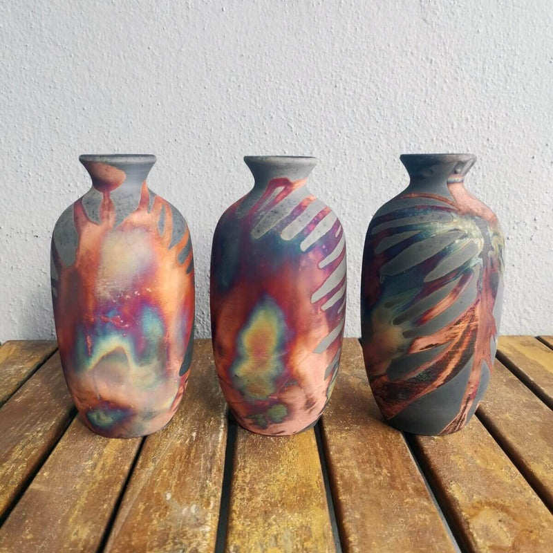 3 Pack Koban Ceramic Raku Vase with Water Tube - RAAQUU Basics handmade pottery home decor by RAAQUU
