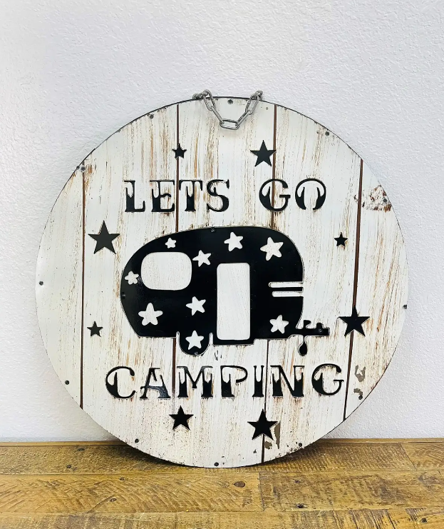 Round Metal Wall Sign Lets Go Camping