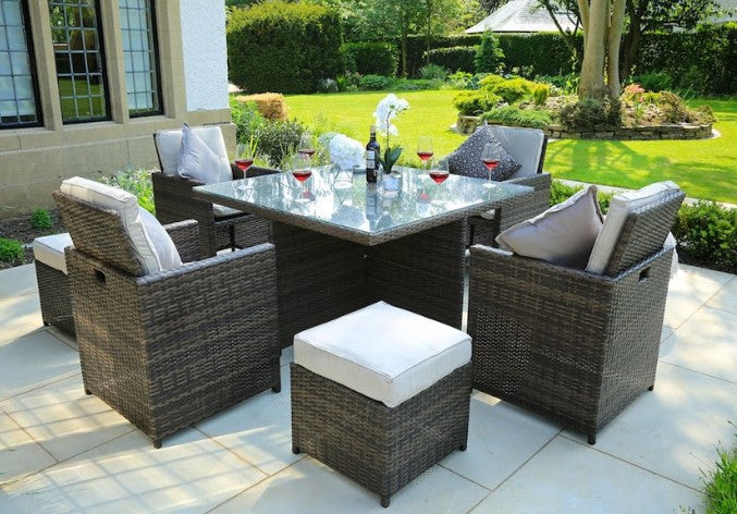 Brown 9 Piece Square Outdoor Dining Set with Beige Cushions