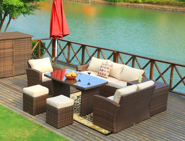 Brown 7 Piece Outdoor Sectional Sofa Set with Ottomans and Storage Box