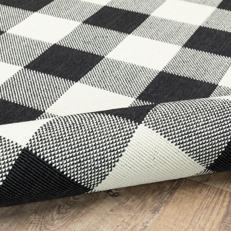5’x8’ Black and Ivory Gingham Indoor Outdoor Area Rug