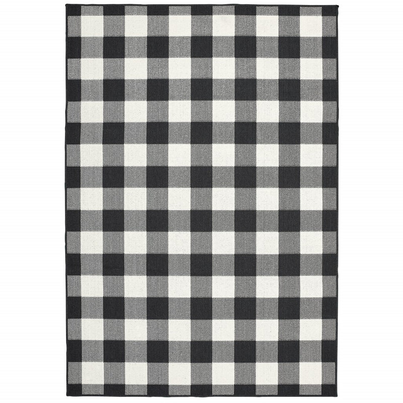 9’x13’ Black and Ivory Gingham Indoor Outdoor Area Rug