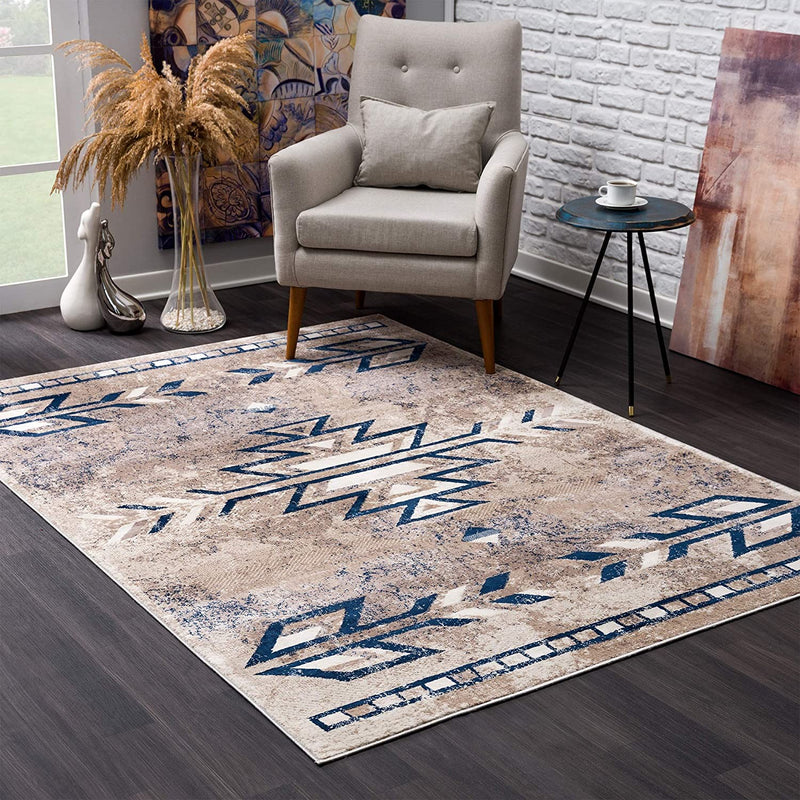 5’ x 8’ Beige and Blue Boho Chic Area Rug