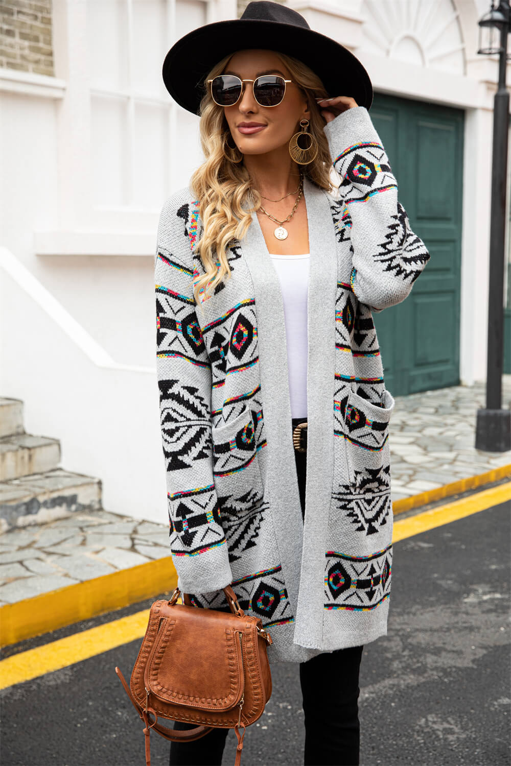 Geometric Open Front Longline Cardigan with Pockets