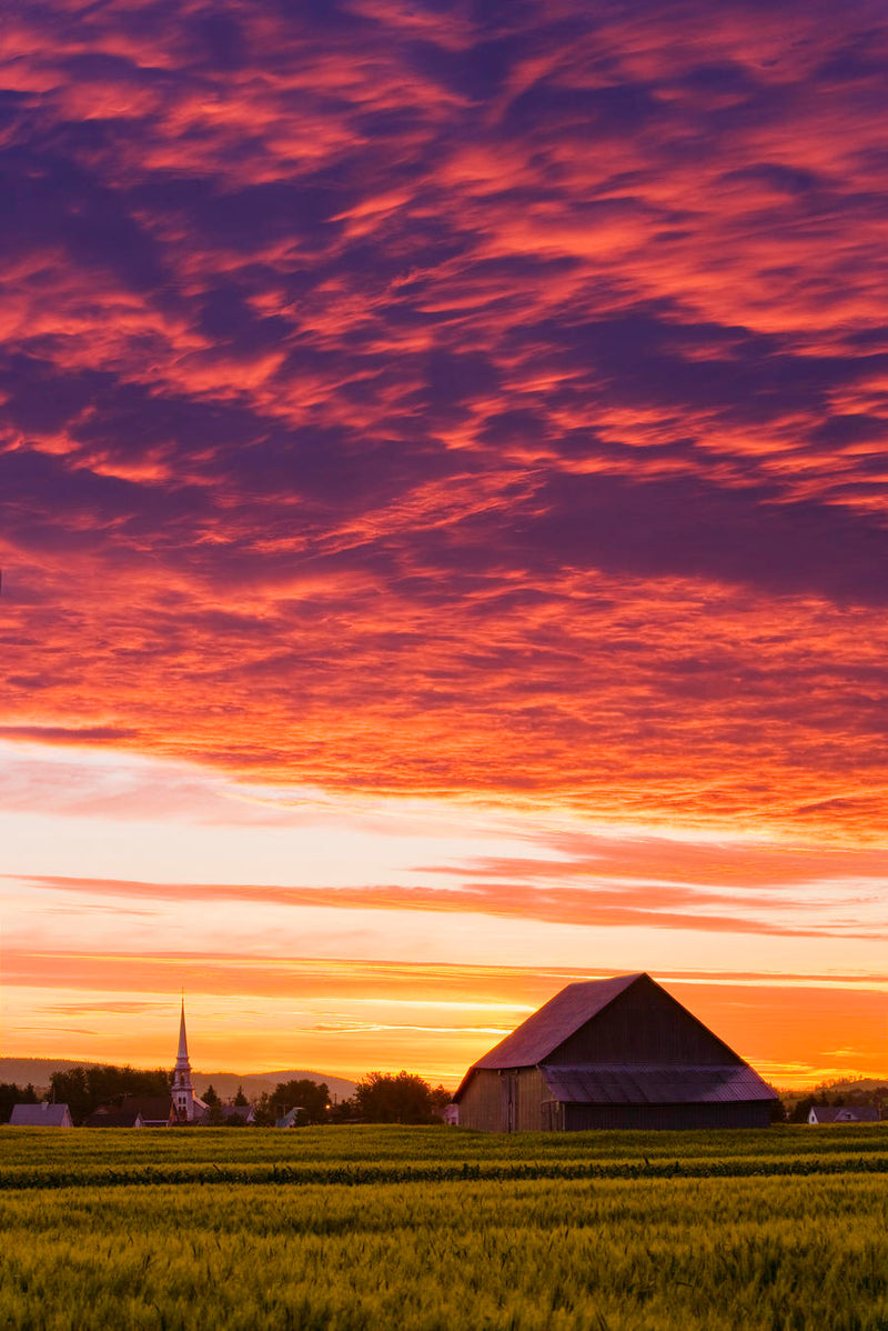 Barn, Church And Colourful Sky At Dusk