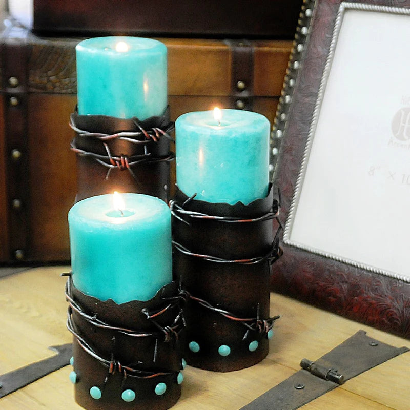 BARBWIRE & TURQUOISE PILLAR CANDLE HOLDER (SET OF 3)