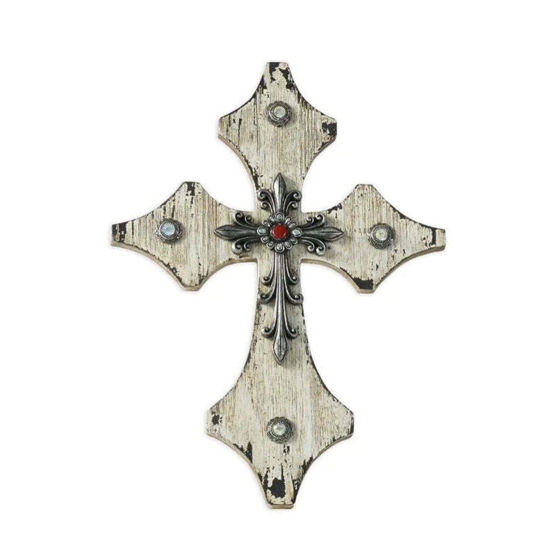 CREAM DISTRESSED WOOD CROSS WALL ART W/ SILVER ACCENT