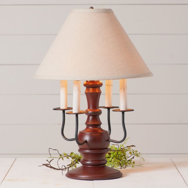Cedar Creek Wood Table Lamp in Rustic Red with Ivory Linen Shade