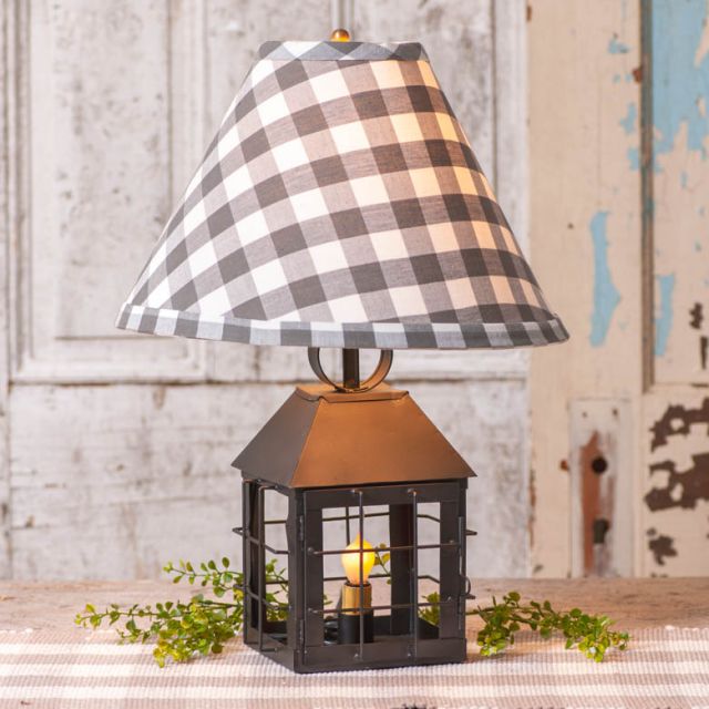 Colonial Lantern Lamp with Gray Check Shade