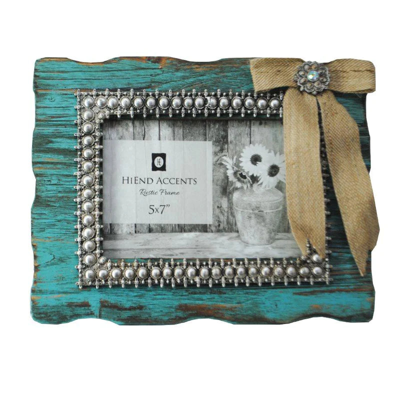 DISTRESSED TURQUOISE PICTURE FRAME W/ BURLAP BOW