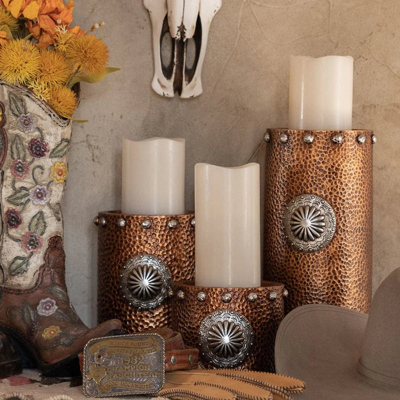 FAUX HAMMERED COPPER WITH CONCHO 3PC CANDLE HOLDER SET