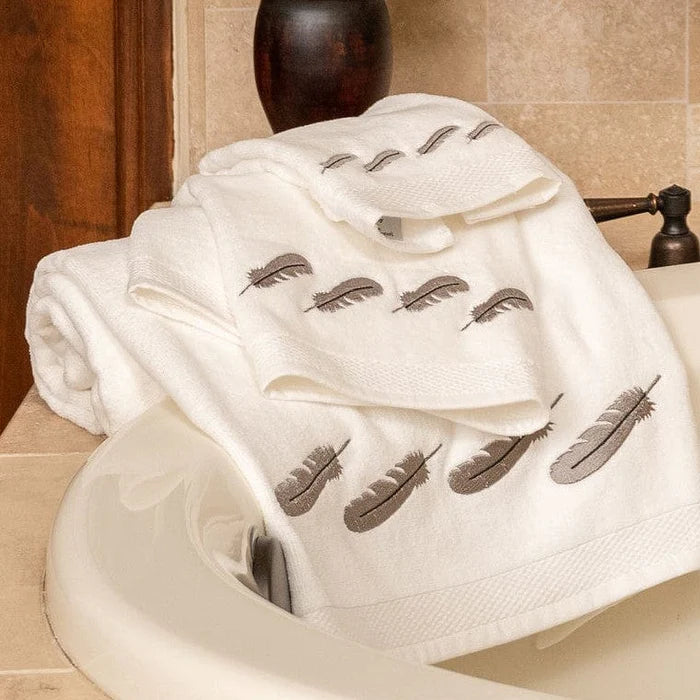 FEATHER 3PC EMBROIDERY TOWEL SET, WHITE