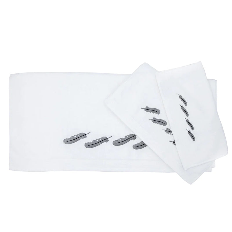 FEATHER 3PC EMBROIDERY TOWEL SET, WHITE