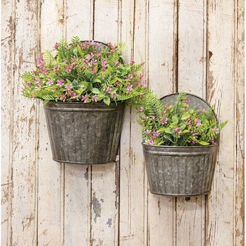 Antique Galvanized Ribbed Wall Buckets (Set of 2)
