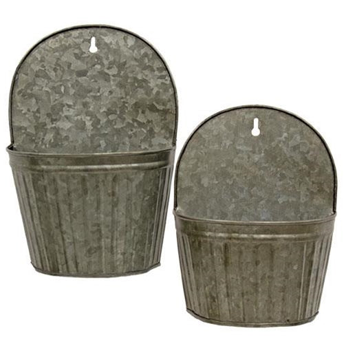 Antique Galvanized Ribbed Wall Buckets (Set of 2)