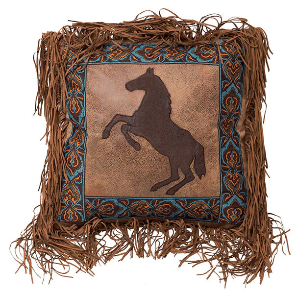 Rearing Horse Faux Leather Fringe Pillow