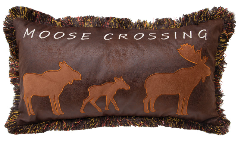 Moose Crossing Faux Leather Throw Pillow